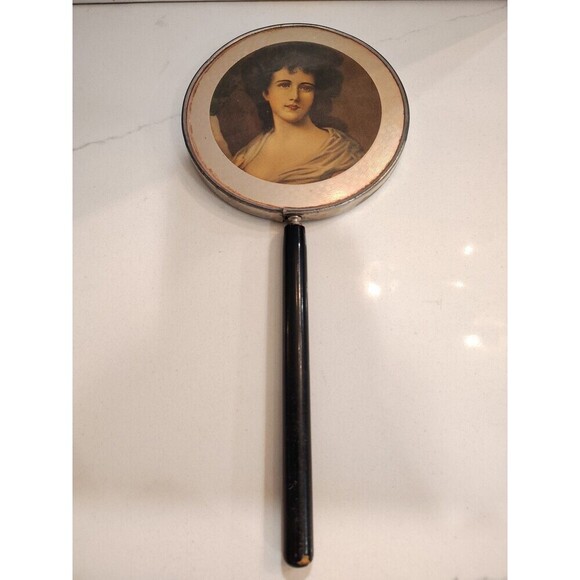 Vintage Handheld Portrait Lid Vanity Mirror with Wooden Handle Woman Portrait - Picture 1 of 13
